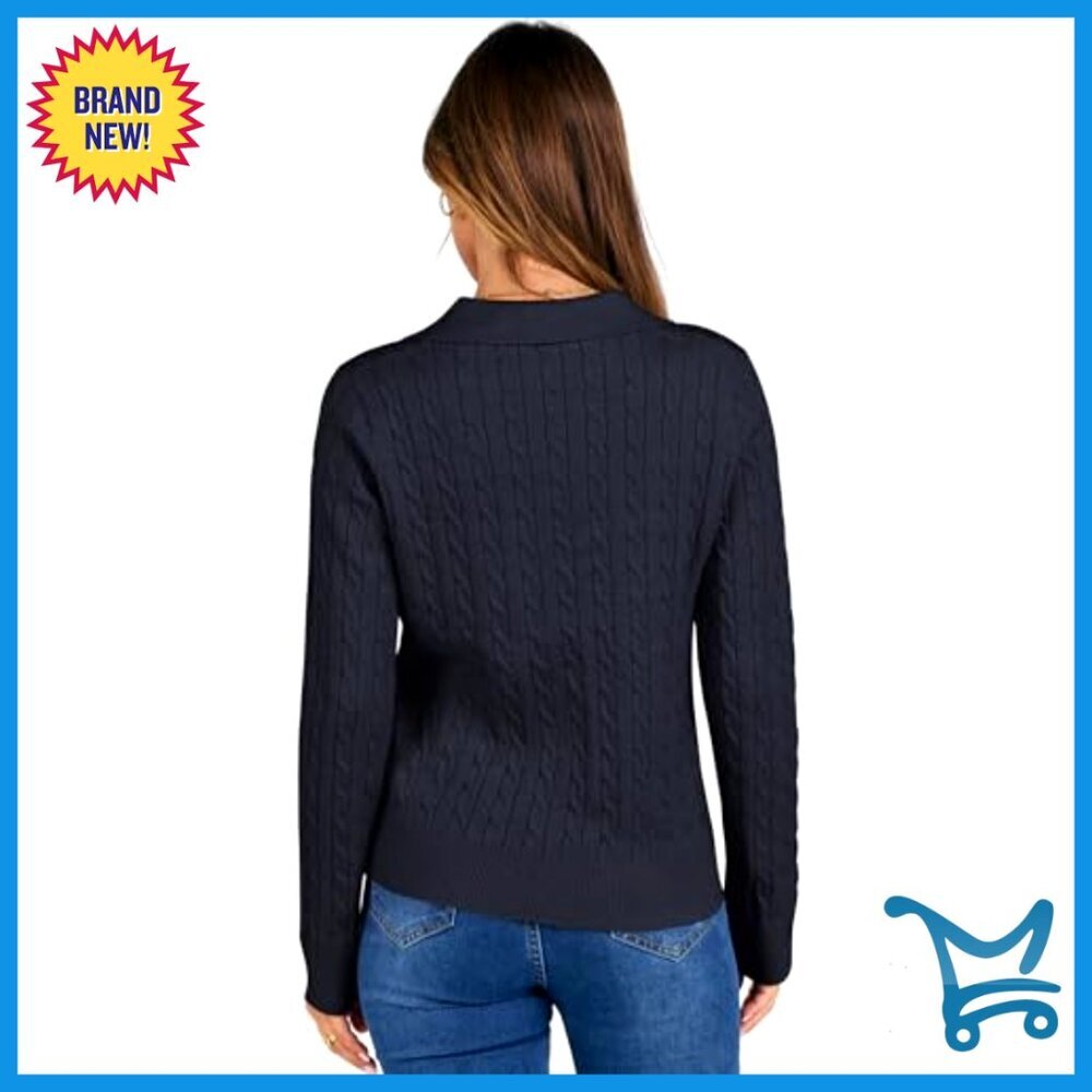 Cable Knit V Neck Pullover Sweater Casual Polo Top Long Sleeve Fall Fashion - Picture 3 of 7